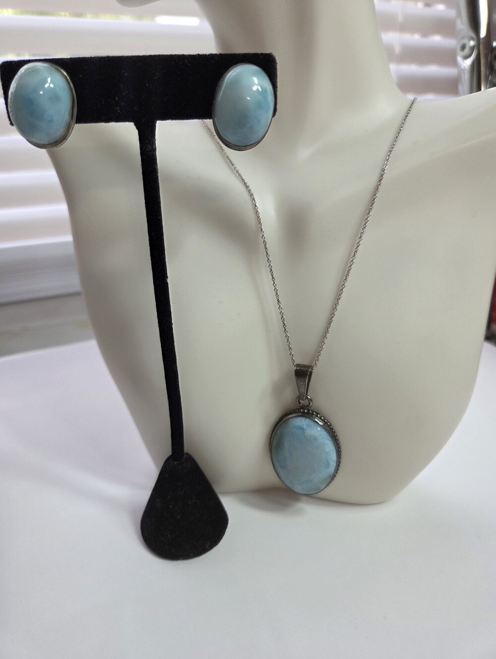 vintage 925 SS Larimar Oval Pendant Necklace and Earrings Set aqua blue beachy